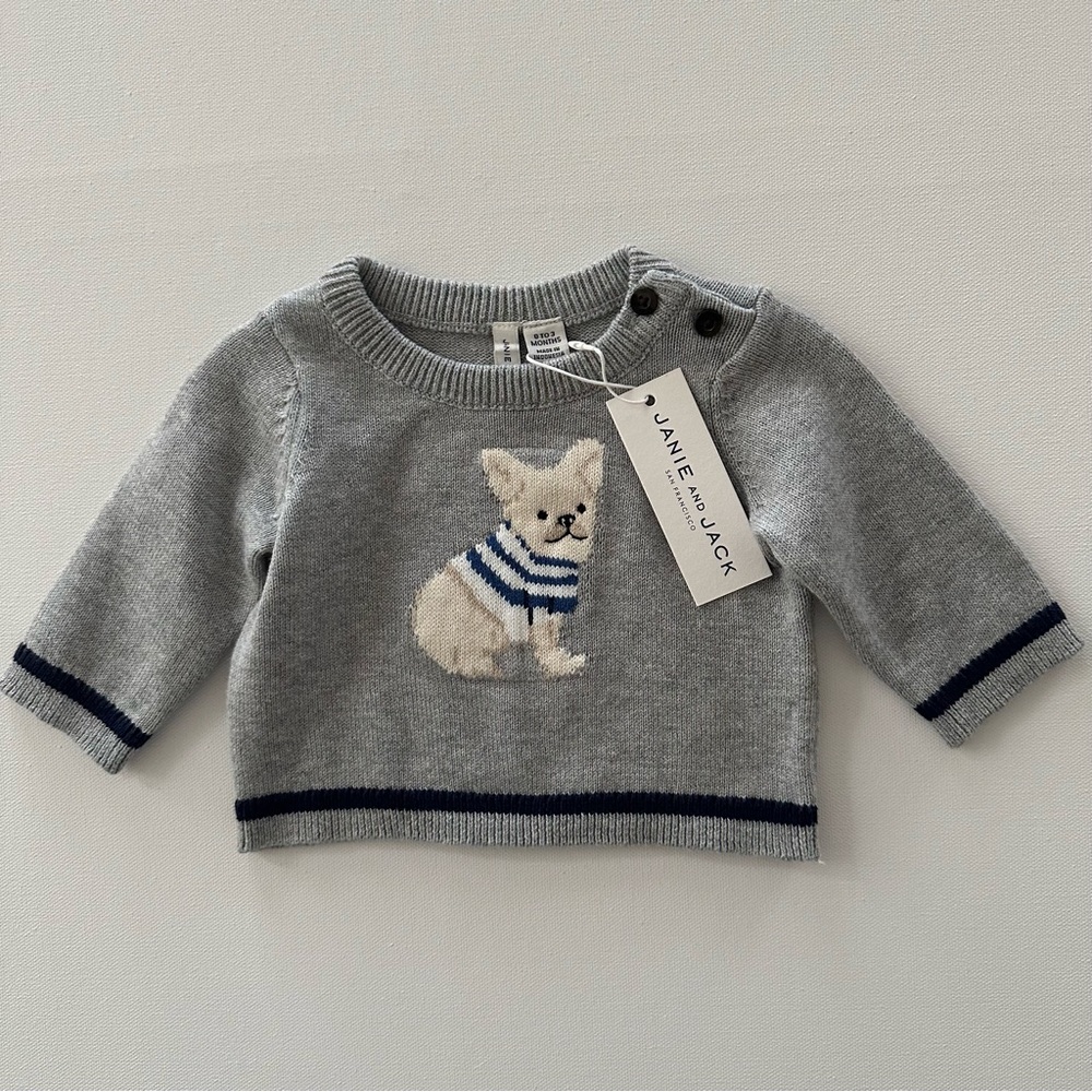 Janie and Jack 0-3 Months Baby Boy Puppy Sweater Gray NWT
